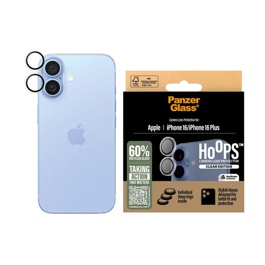 Protector de cámara trasera PanzerGlass Hoops para Apple iPhone 16 Plus / 16, Cristal Templado, Transparente.