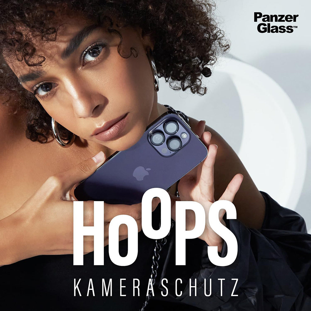 Funda protectora de cámara trasera PanzerGlass Hoops para Apple iPhone 16 Pro Max / 16 Pro, Cristal Templado, Negro.