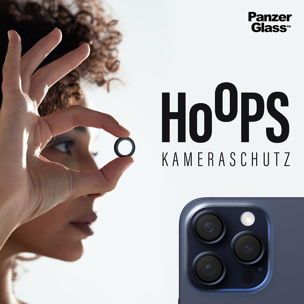 Funda protectora de cámara trasera PanzerGlass Hoops para Apple iPhone 16 Pro Max / 16 Pro, Cristal Templado, Negro.