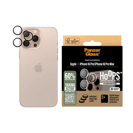 Protector de cámara trasera PanzerGlass Hoops para Apple iPhone 16 Pro Max / 16 Pro, Cristal Templado, Transparente.