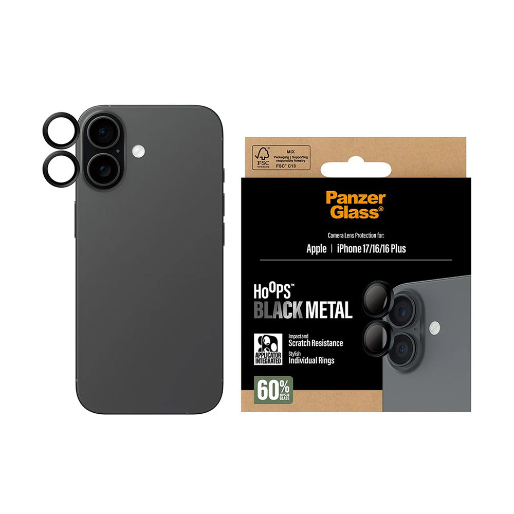 Protector de cámara trasera PanzerGlass Hoops para Apple iPhone 17 / 16 Plus / 16, Cristal Templado, Negro.