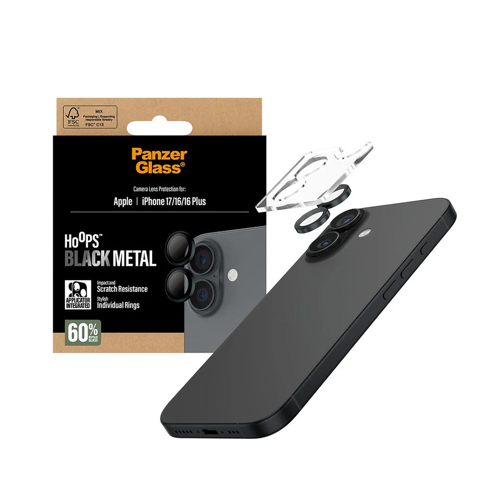 Protector de cámara trasera PanzerGlass Hoops para Apple iPhone 17 / 16 Plus / 16, Cristal Templado, Negro.