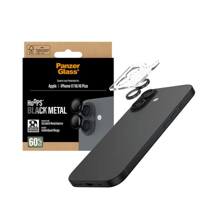 Protector de cámara trasera PanzerGlass Hoops para Apple iPhone 17 / 16 Plus / 16, Cristal Templado, Negro.