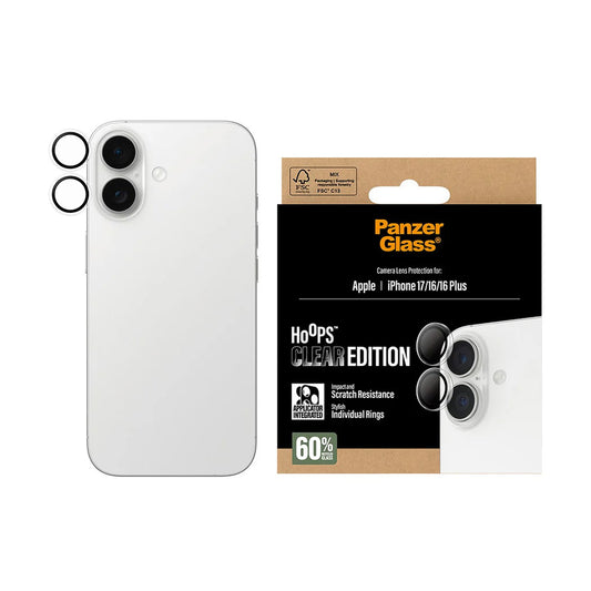 Protector de cámara trasera PanzerGlass Hoops para Apple iPhone 17 / 16 Plus / 16, Cristal Templado, Transparente.
