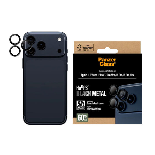 Protector de cámara trasera PanzerGlass Hoops para Apple iPhone 17 Pro Max / 17 Pro / 16 Pro Max / 16 Pro, Cristal Templado, Negro.
