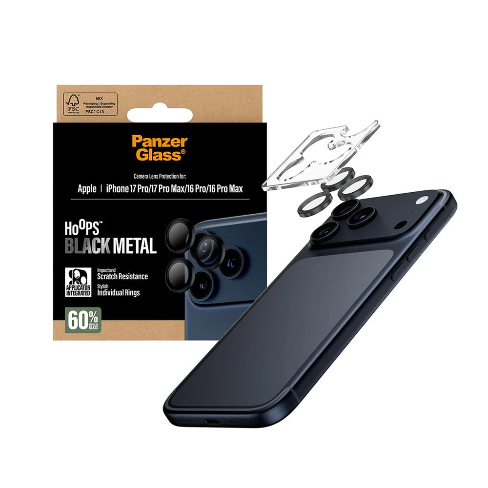 Protector de cámara trasera PanzerGlass Hoops para Apple iPhone 17 Pro Max / 17 Pro / 16 Pro Max / 16 Pro, Cristal Templado, Negro.