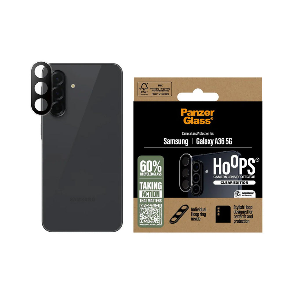 Protector de cámara trasera PanzerGlass Hoops para Samsung Galaxy A36 A366, Cristal Templado, Transparente.