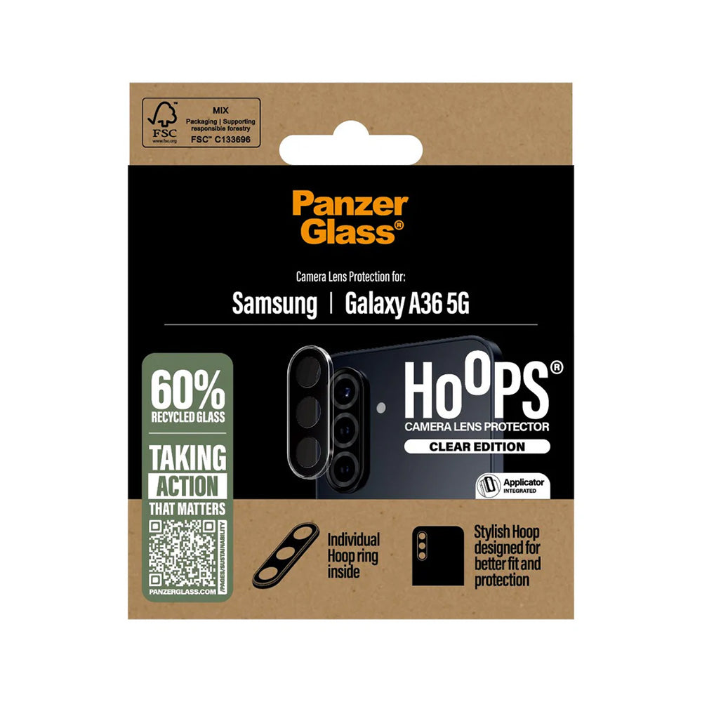 Protector de cámara trasera PanzerGlass Hoops para Samsung Galaxy A36 A366, Cristal Templado, Transparente.