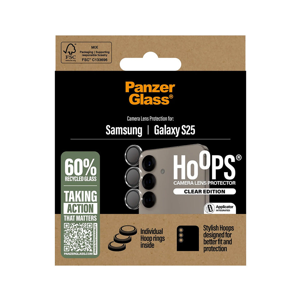 Protector de cámara trasera PanzerGlass Hoops para Samsung Galaxy S25 S931, Cristal Templado, Transparente.