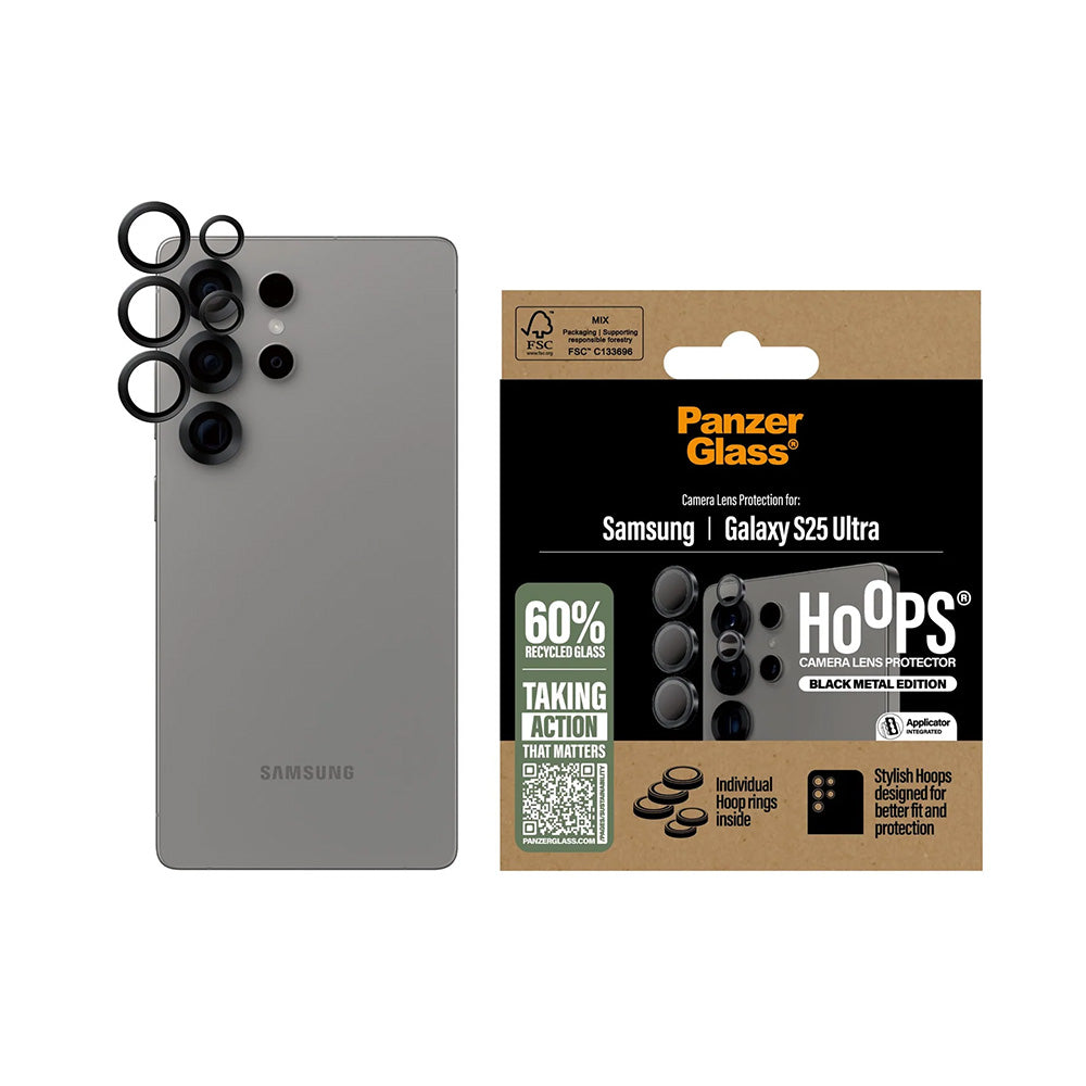 Folie de protección Cámara Trasera PanzerGlass Hoops para Samsung Galaxy S25 Ultra S938, Cristal Templado, Negra