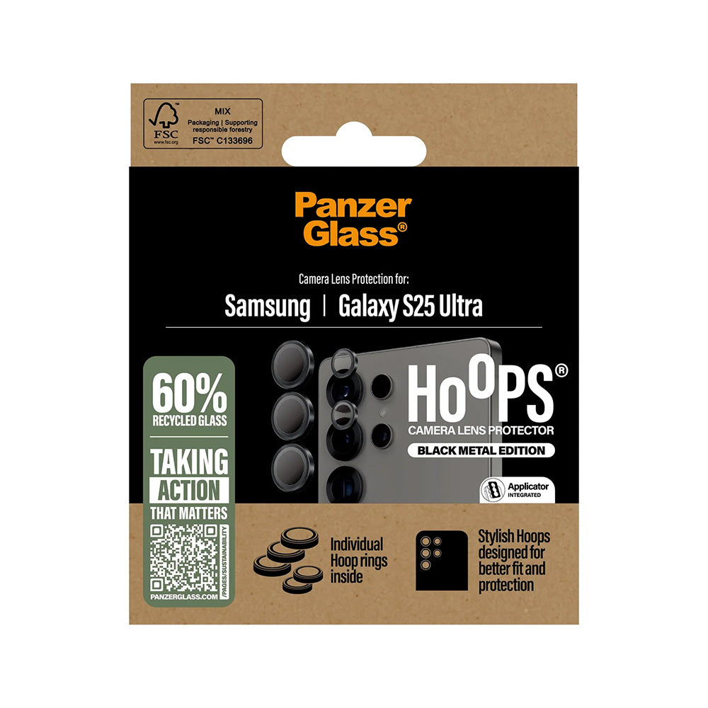 Folie de protección Cámara Trasera PanzerGlass Hoops para Samsung Galaxy S25 Ultra S938, Cristal Templado, Negra