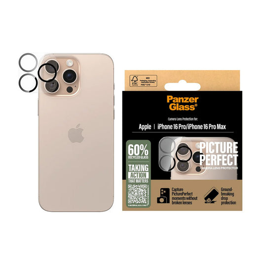 Protector de cámara trasera PanzerGlass PicturePerfect para Apple iPhone 16 Pro Max / 16 Pro, Cristal Templado, Transparente.