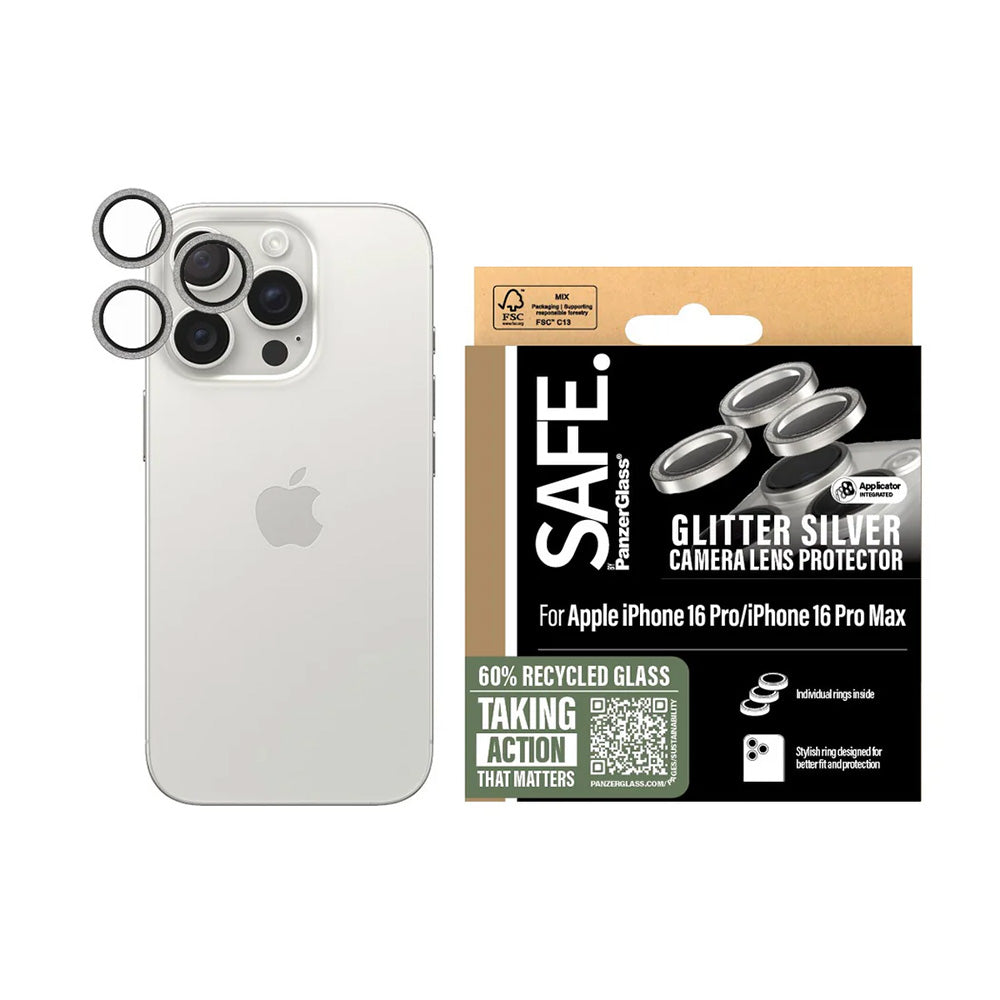 Funda protectora para la cámara trasera PanzerGlass Safe. Glitter para Apple iPhone 16 Pro Max / 16 Pro, Cristal Templado, Plateado.