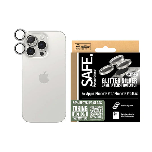 Funda protectora para la cámara trasera PanzerGlass Safe. Glitter para Apple iPhone 16 Pro Max / 16 Pro, Cristal Templado, Plateado.