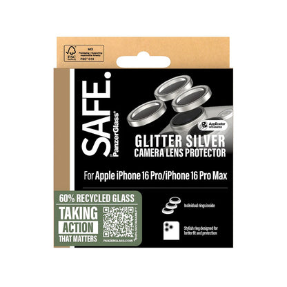 Funda protectora para la cámara trasera PanzerGlass Safe. Glitter para Apple iPhone 16 Pro Max / 16 Pro, Cristal Templado, Plateado.