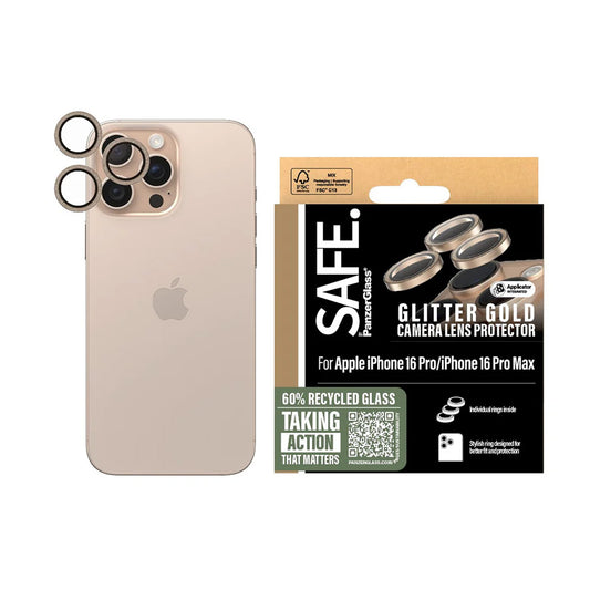 Folie de protección para la Cámara Trasera PanzerGlass Safe. Glitter para Apple iPhone 16 Pro Max / 16 Pro, Cristal Templado, Dorado.