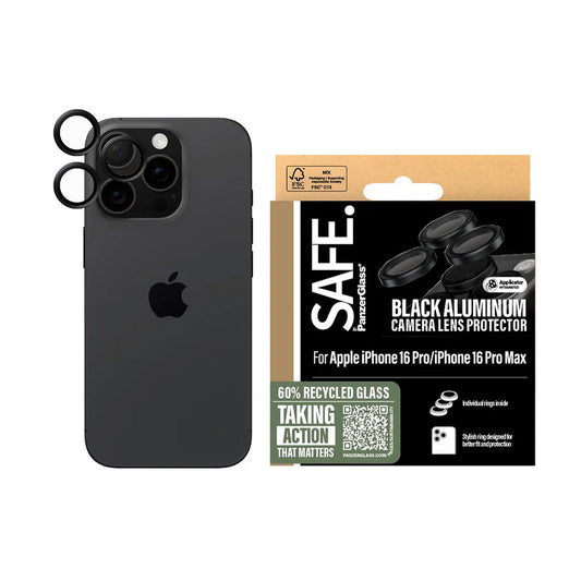 Folie de protección para la Cámara Trasera PanzerGlass Safe. para Apple iPhone 16 Pro Max / 16 Pro, Cristal Templado, Negro.