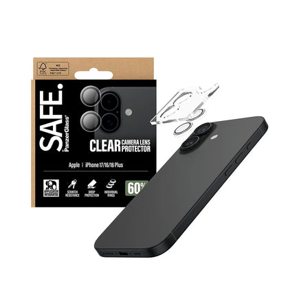Protector de cámara trasera PanzerGlass Safe para Apple iPhone 17 / 16 Plus / 16, Cristal Templado, Transparente.