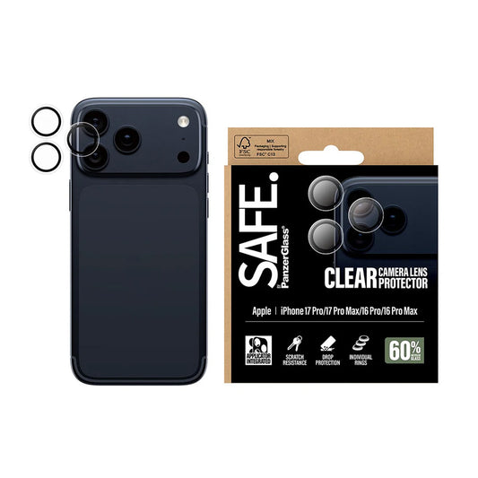Protector de cámara trasera PanzerGlass Safe para Apple iPhone 17 Pro Max / 17 Pro / 16 Pro Max / 16 Pro, Cristal Templado, Transparente.