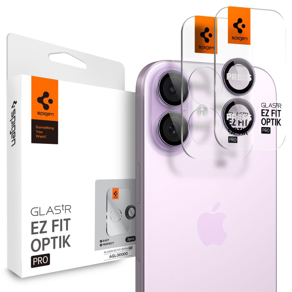 Protector de cámara trasera Spigen GlastR EZ FIT Optik Pro para Apple iPhone 17 / 16 Plus / 16, Cristal Templado, Set de 2 piezas, Morado