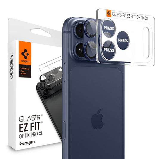 Protector de cámara trasera Spigen GlastR EZ FIT Optik Pro XL para Apple iPhone 17 Pro, Cristal Templado, Set de 2 piezas, Azul.