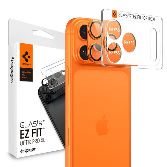 Protector de cámara trasera Spigen GlastR EZ FIT Optik Pro XL para Apple iPhone 17 Pro, Cristal Templado, Set de 2 piezas, Naranja