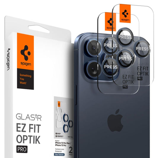 Protector de cámara trasera Spigen GlastR EZ FIT Optik Pro para Apple iPhone 16 Pro Max / 16 Pro, Cristal Templado, Set de 2 piezas, Azul