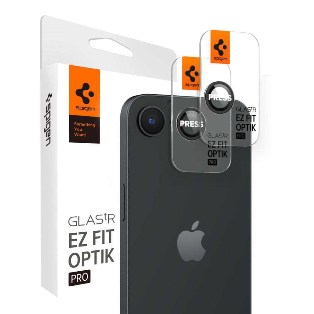 Protector de cámara trasera Spigen GlastR EZ FIT Optik Pro para Apple iPhone 17e / 16e, Cristal Templado, Set de 2 piezas, Negro AGL09279
