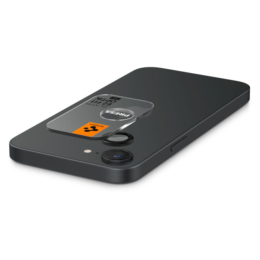 Protector de cámara trasera Spigen GlastR EZ FIT Optik Pro para Apple iPhone 17e / 16e, Cristal Templado, Set de 2 piezas, Negro AGL09279