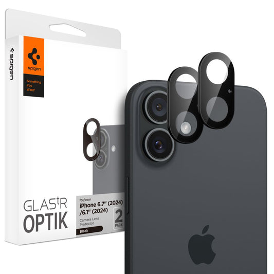 Protector de cámara trasera Spigen GlastR Optik para Apple iPhone 16 Plus / 16, Cristal Templado, Set de 2 piezas, Negro AGL07922