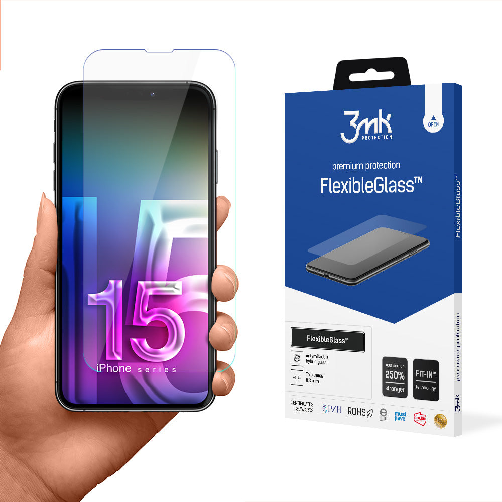 Protector de pantalla 3MK FlexibleGlass para Apple iPhone 15 Pro, Vidrio Flexible, Pegamento Completo