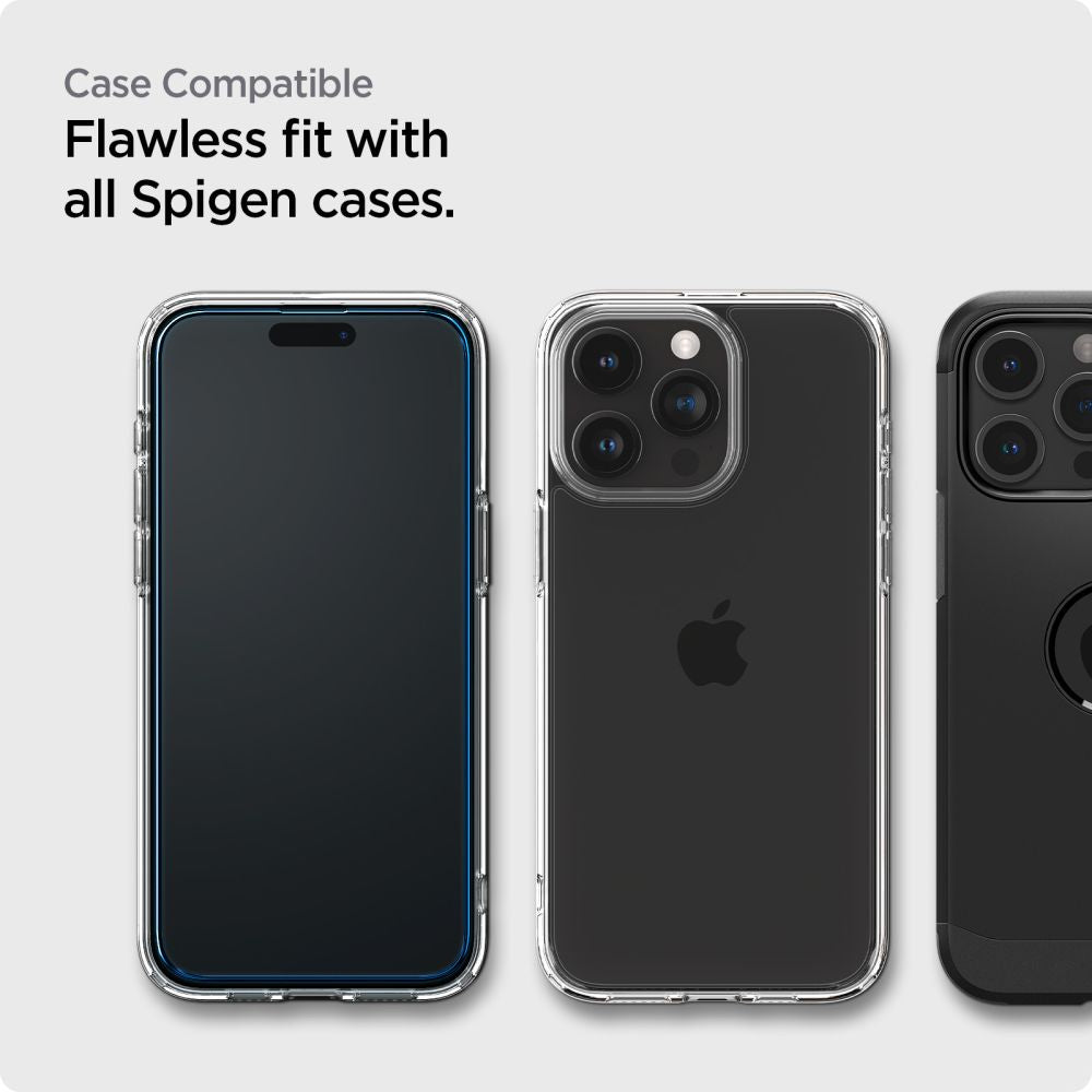 Spigen Align Master Protector de Pantalla para Apple iPhone 15 Pro, Cristal Protector, Pegamento Completo, Set 2 piezas, 2.5D, Negro