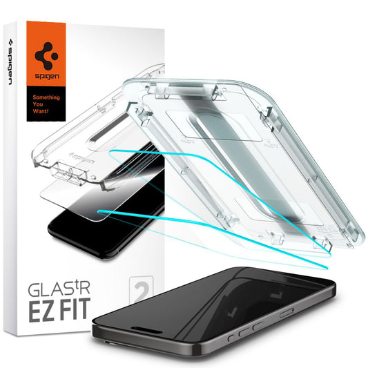 Protector de pantalla Spigen GlastR EZ FIT para Apple iPhone 15 Pro, vidrio templado, adhesivo completo, set de 2 piezas AGL06892