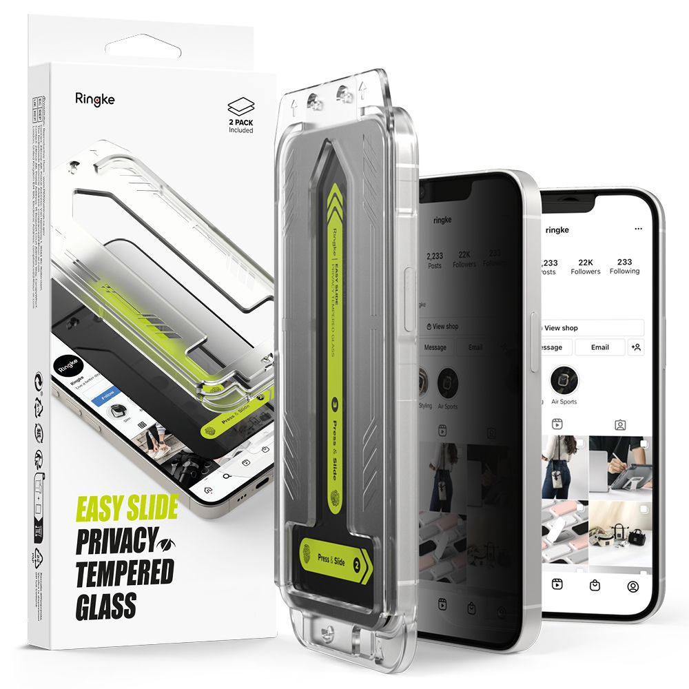 Protector de pantalla Privacy Ringke Easy Slide para Apple iPhone 16e / 14 / 13 Pro / 13, Cristal Templado, Adhesivo Completo, Set de 2 piezas
