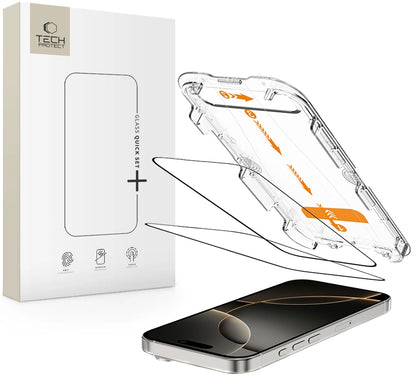 Protector de pantalla Tech-Protect Quick Set+ para Apple iPhone 16 Pro, Cristal Templado, Adhesivo Completo, Set de 2 piezas, Negro