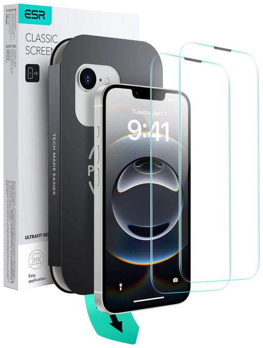 Protector de pantalla ESR Ultrafit para Apple iPhone 17e / 16e / 14 / 13 Pro, Cristal Templado, Full Glue, Set de 2 piezas