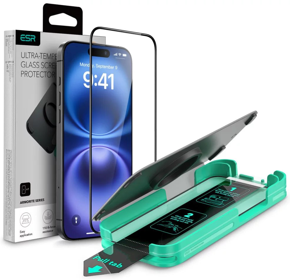 ESR Armorite Screen Protector for Apple iPhone 16, Tempered Glass, Full Glue, Black