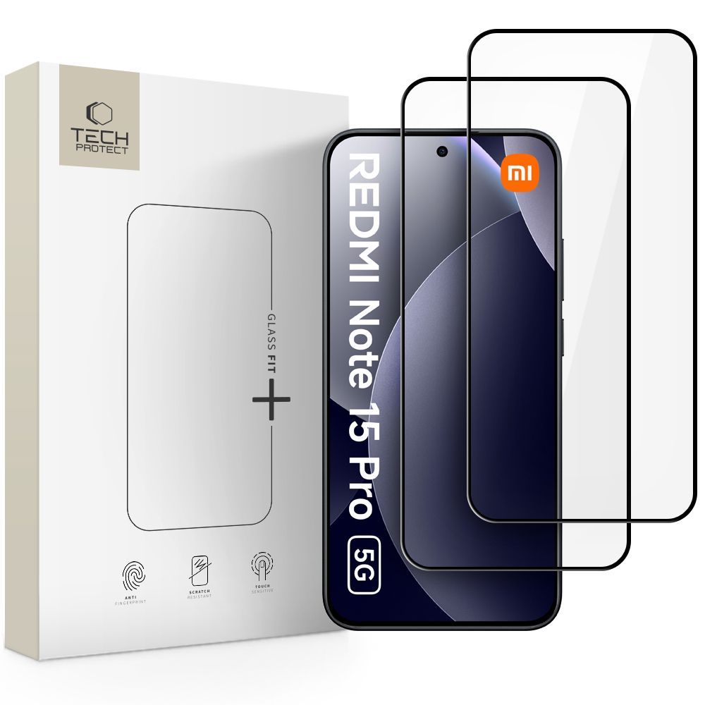 Protector de pantalla Tech-Protect FIT+ para Xiaomi Redmi Note 15 Pro 5G, Cristal Templado, Full Glue, Set de 2 piezas, 2.5D, Negro
