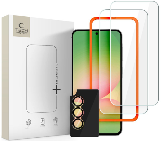 Protector de pantalla y cámara trasera Tech-Protect Quick Set+ para Samsung Galaxy A57 5G, Cristal Templado, Adhesivo Completo, Set de 3 piezas