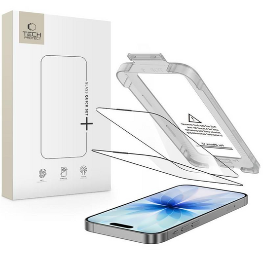 Protector de pantalla Tech-Protect Quick Set+ para Apple iPhone 17, Cristal Templado, Full Glue, Set de 2 piezas, Negro