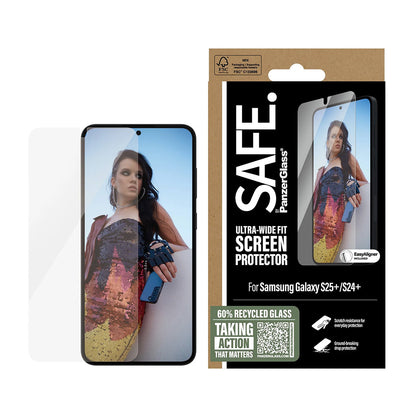Protector de pantalla PanzerGlass Safe. Ultra-Wide Fit EasyAligner para Samsung Galaxy S25+ S936, vidrio templado, adhesivo completo, reempaquetado