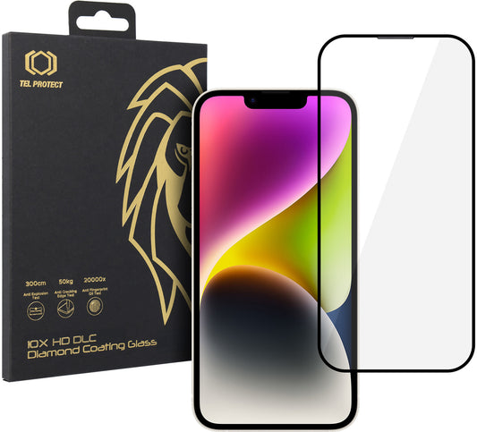 Protector de pantalla Tel Protect 10X HD DLC Diamond Coating para Apple iPhone 17e / 16e / 14 / 13 Pro / 13, vidrio templado, adhesivo completo, negro