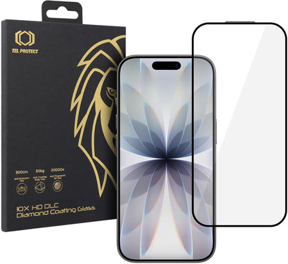 Protector de pantalla Tel Protect 10X HD DLC Diamond Coating para Apple iPhone 17 / 16 Pro, vidrio templado, adhesivo completo, negro