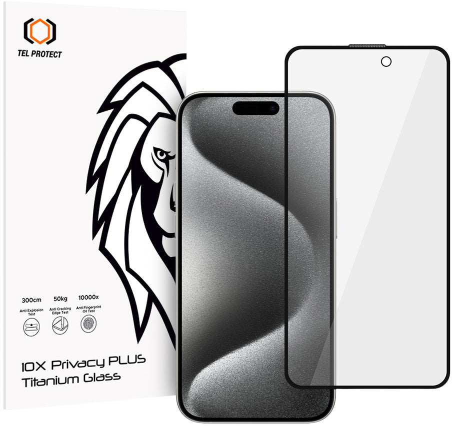 Protector de pantalla de privacidad Tel Protect 10X Plus Titanium para Apple iPhone 17 / 16 Pro, vidrio templado, adhesivo completo
