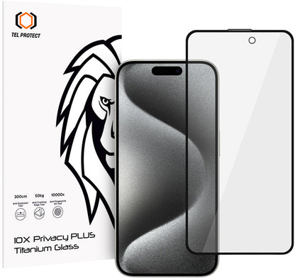 Protector de pantalla de privacidad Tel Protect 10X Plus Titanium para Apple iPhone 17 / 16 Pro, vidrio templado, adhesivo completo