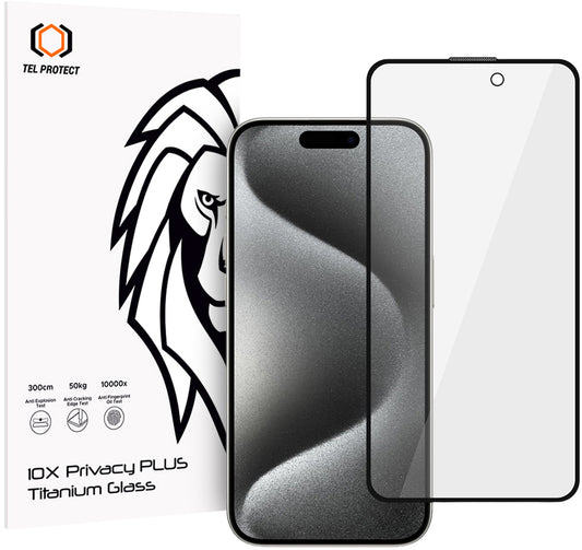 Protector de pantalla de privacidad Tel Protect 10X Plus Titanium para Apple iPhone 17 / 16 Pro, vidrio templado, adhesivo completo