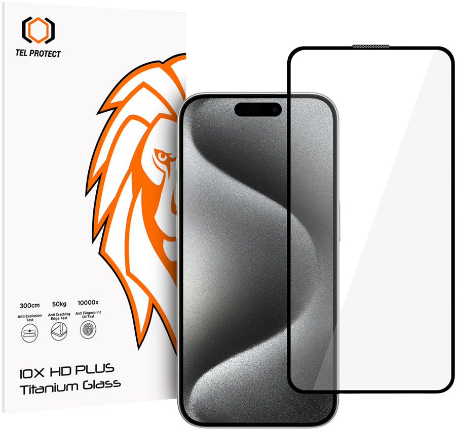 Protector de pantalla Tel Protect 10X HD Plus Titanium para Apple iPhone 17 / 16 Pro, cristal templado, adhesivo completo, negro