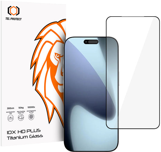 Protector de pantalla Tel Protect 10X HD Plus Titanium para Apple iPhone 18 Pro Max / 17 Pro Max, vidrio templado, adhesivo completo, negro