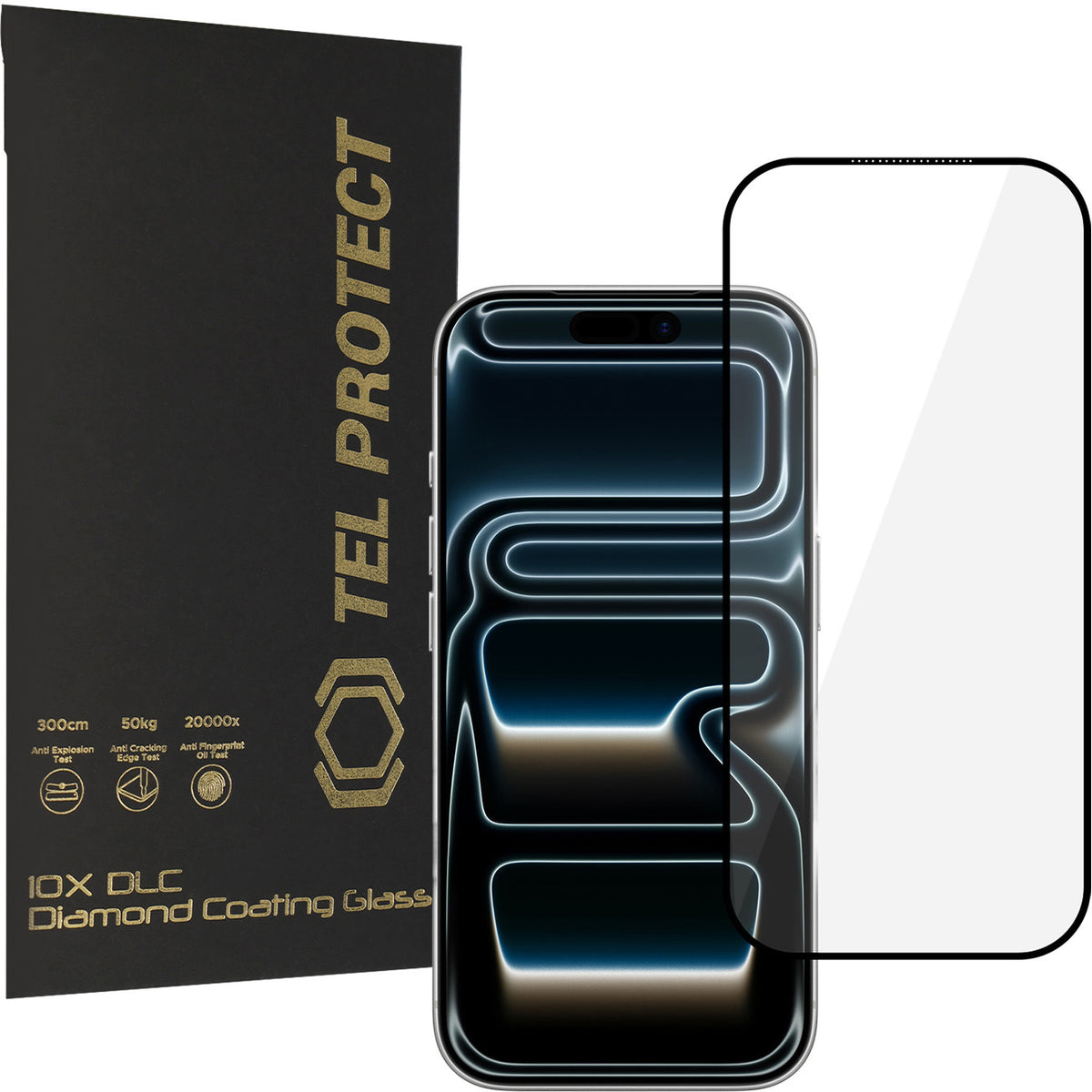 Protector de pantalla Tel Protect 10X HD DLC Diamond Coating para Apple iPhone 18 Pro Max / 17 Pro Max, vidrio templado, adhesivo completo, negro