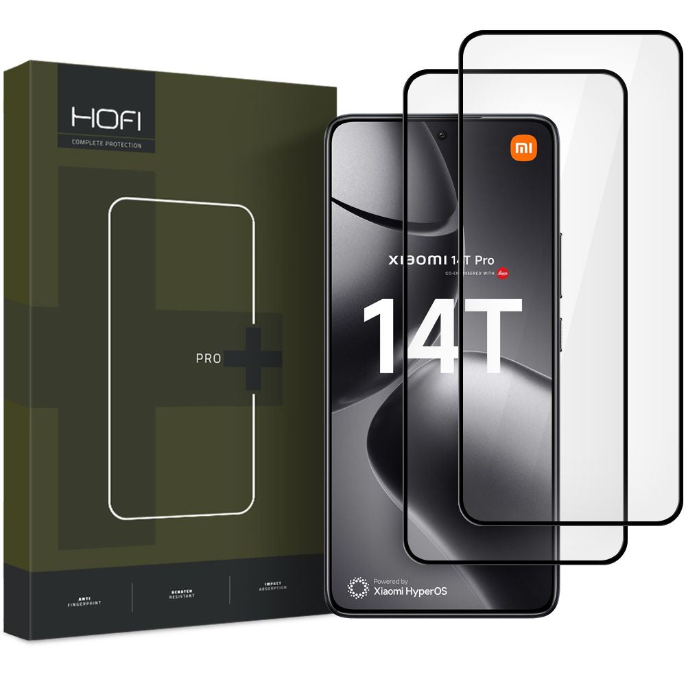 HOFI Glass PRO+ Protector de pantalla para Xiaomi 14T Pro / 14T, Vidrio blindado, Pegamento completo, Juego de 2 piezas, 2.5D, Negro 